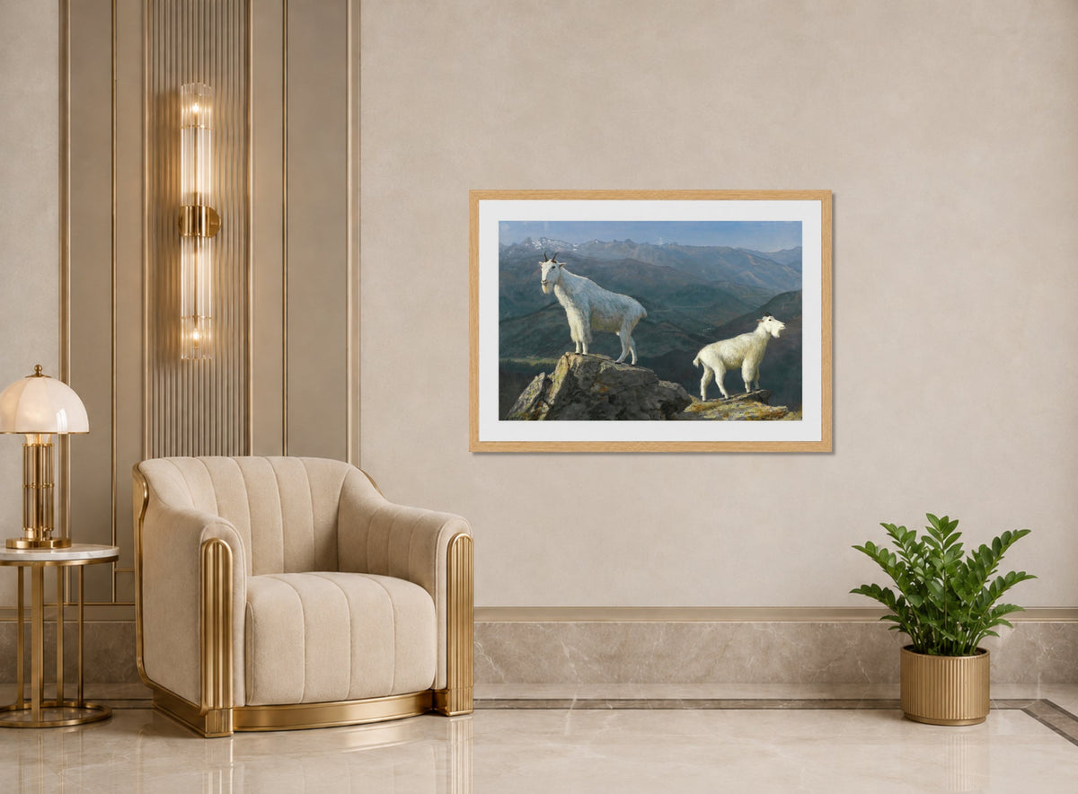 Albert Bierstadt Print, Mountain goats displayed in an Art Deco interior