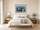 Albert Bierstadt Print, Mountain goats displayed above a bed