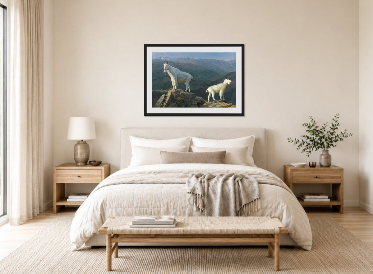 Albert Bierstadt Print, Mountain goats displayed above a bed