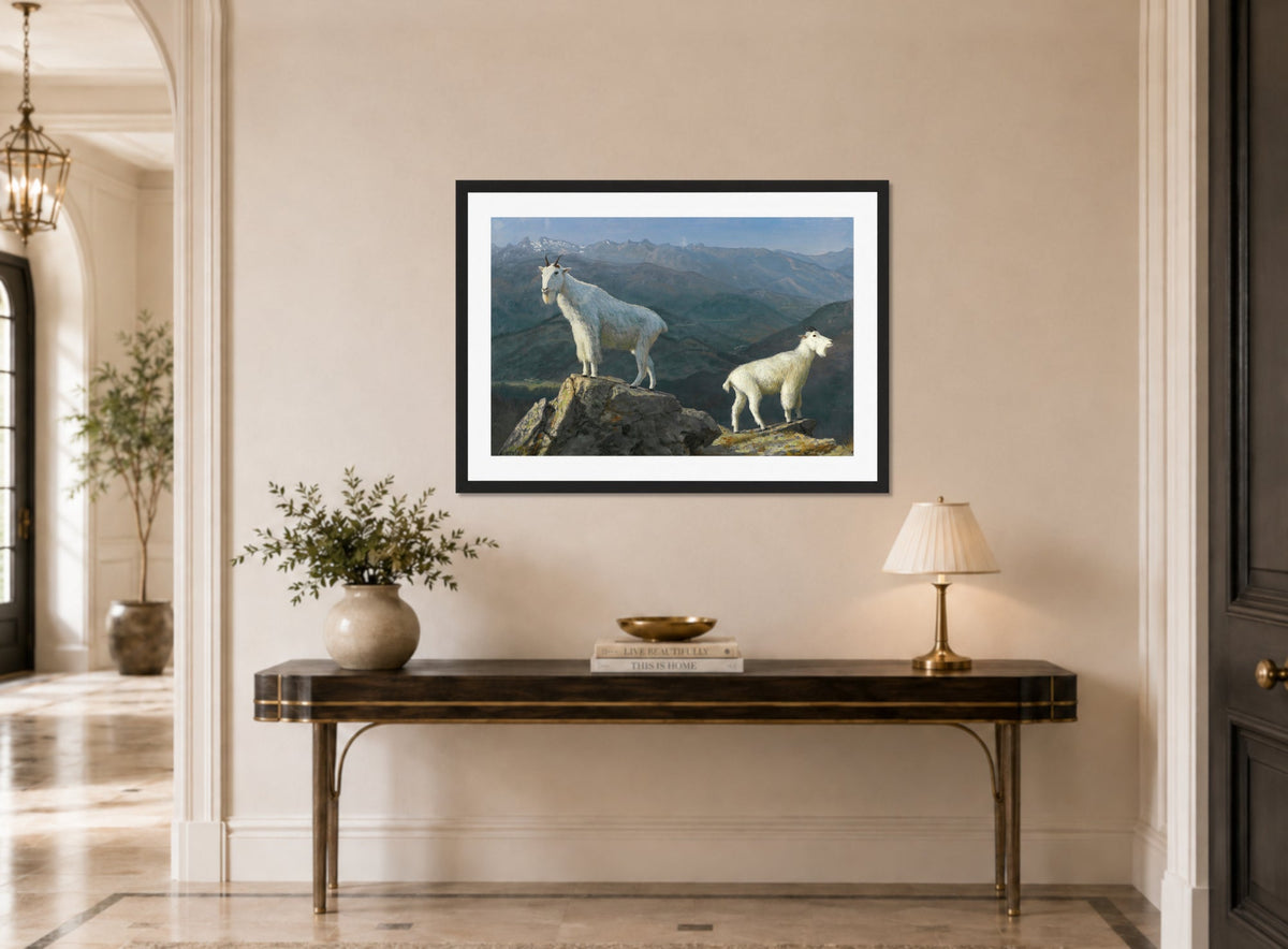 Albert Bierstadt Print, Mountain goats displayed above a console table