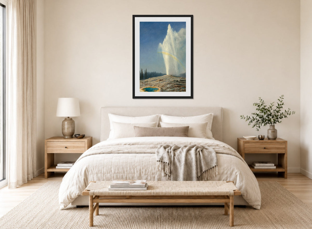 Albert Bierstadt Print, Old Faithful displayed above a bed
