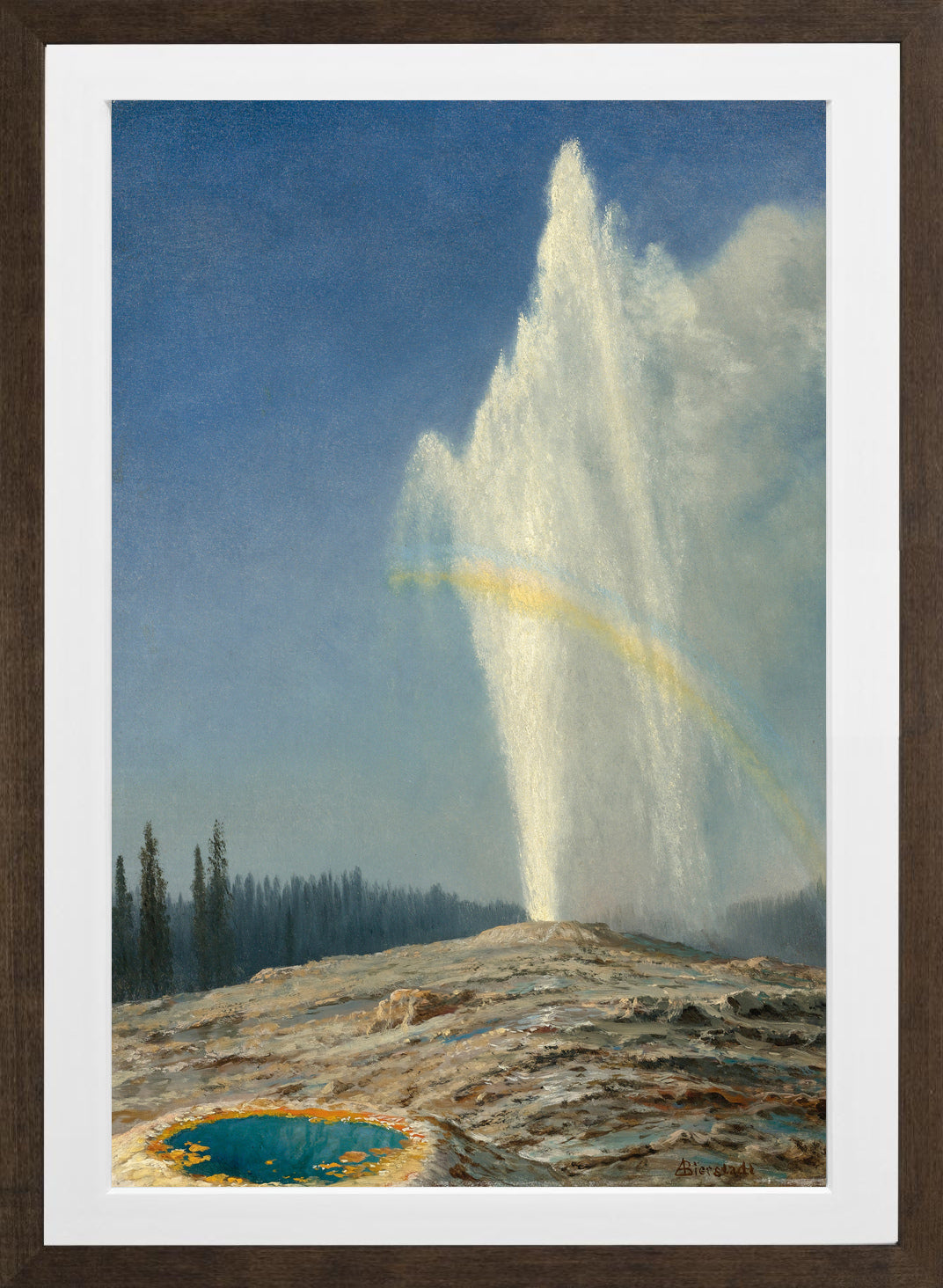 Albert Bierstadt Print, Old Faithful in a brown frame