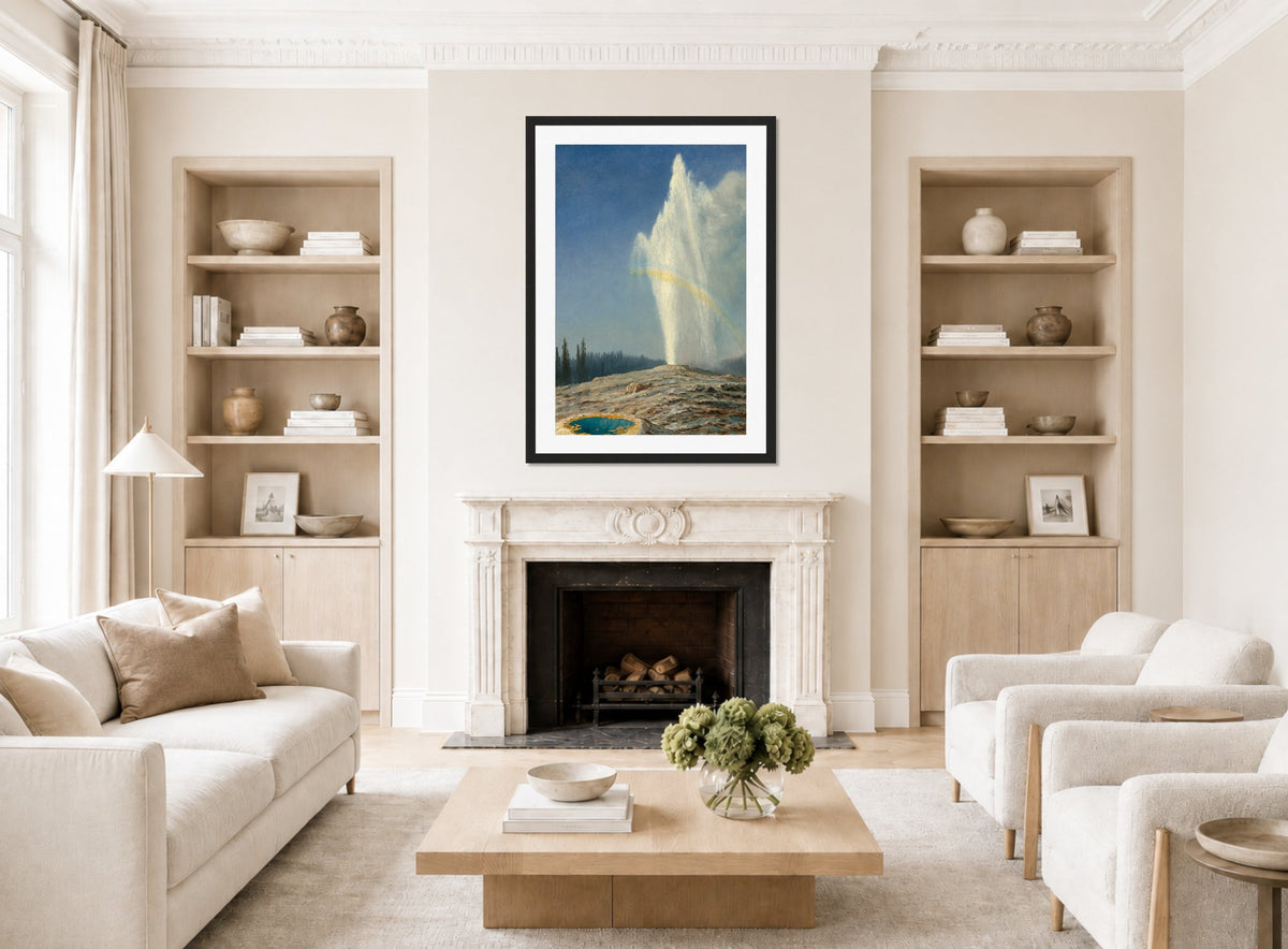 Albert Bierstadt Print, Old Faithful displayed in a Scandinavian living room