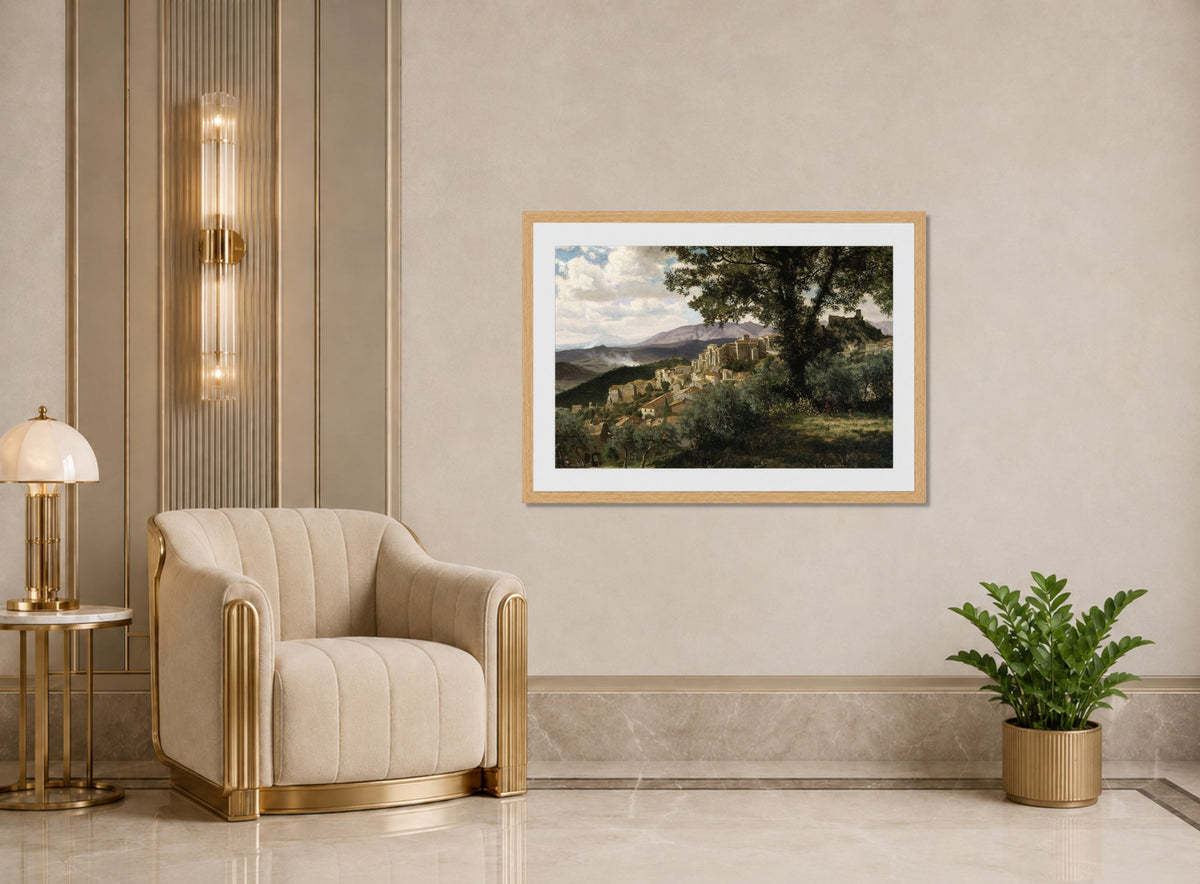 Albert Bierstadt Print, Olevano displayed in an Art Deco interior