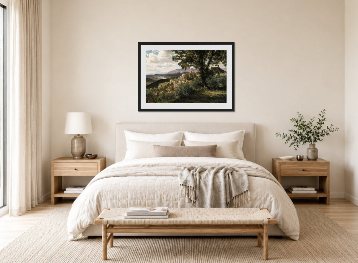 Albert Bierstadt Print, Olevano displayed above a bed