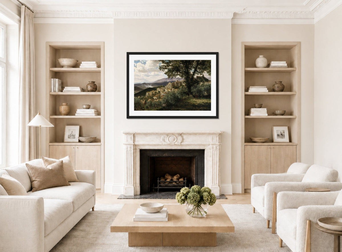 Albert Bierstadt Print, Olevano displayed in a Scandinavian living room