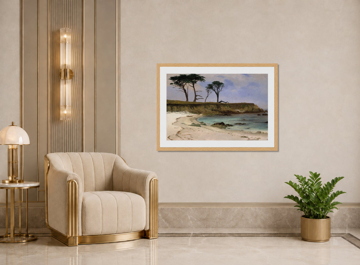 Albert Bierstadt Print, Sea Cove displayed in an Art Deco interior