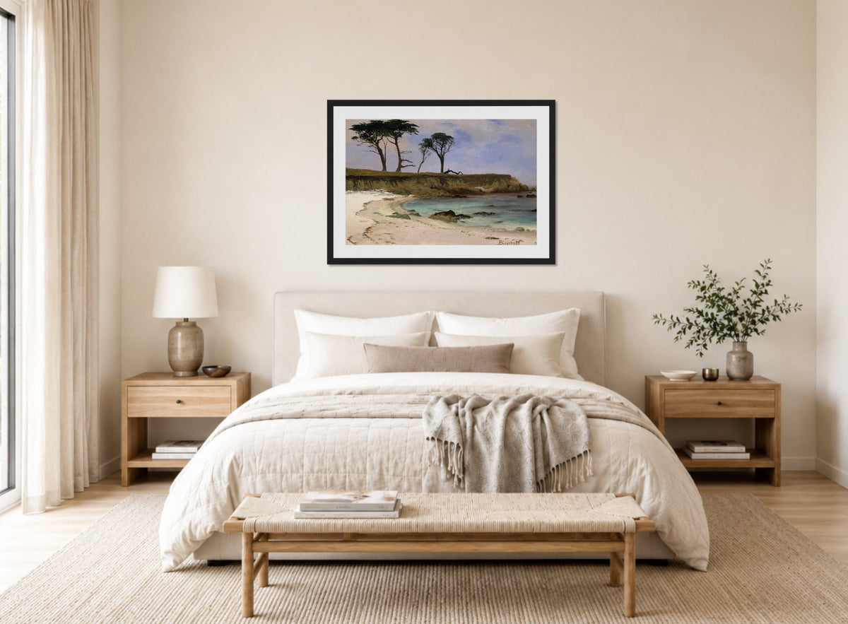 Albert Bierstadt Print, Sea Cove displayed above a bed