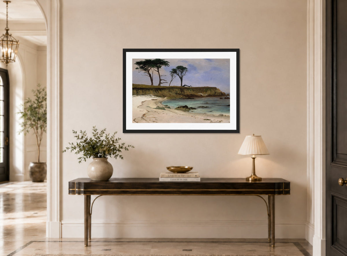 Albert Bierstadt Print, Sea Cove displayed above a console table