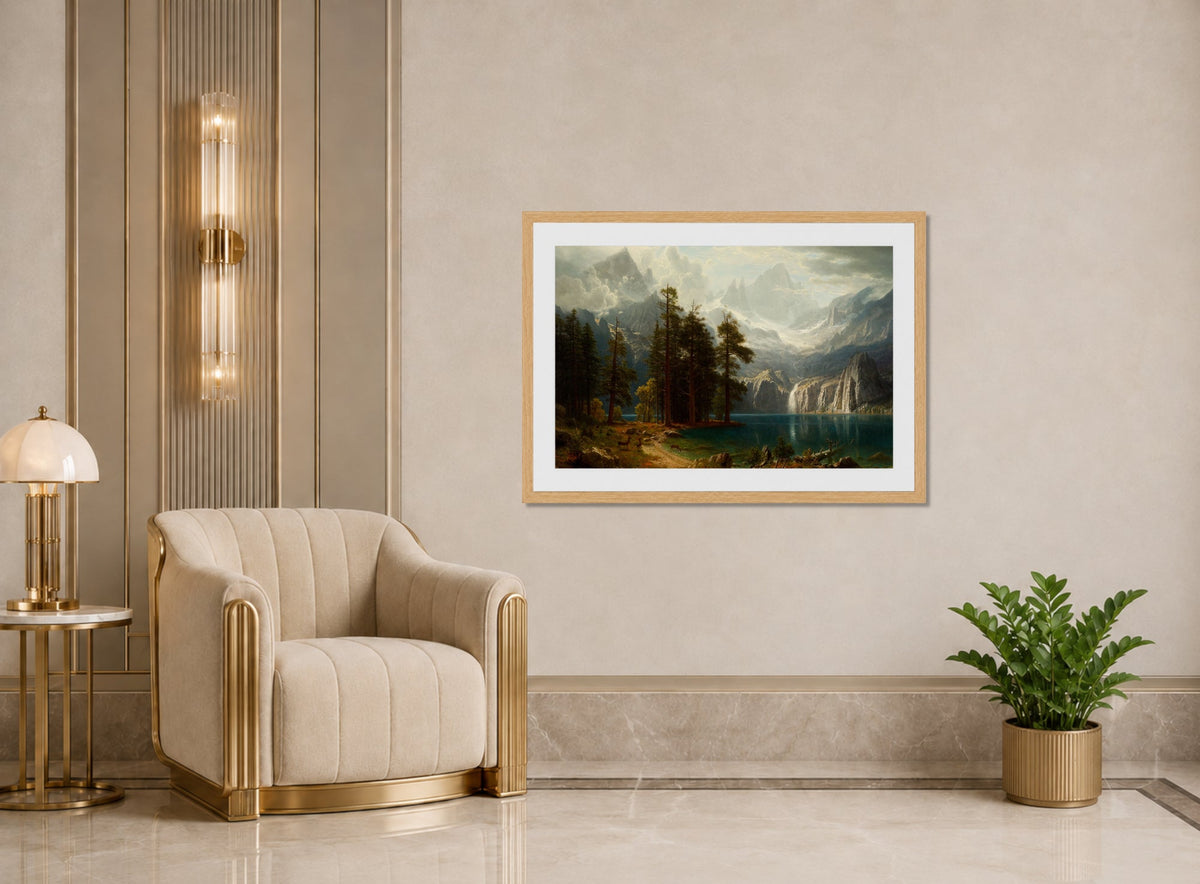 Albert Bierstadt Print, Sierra Nevada Albert Bierstadt circa 1871 displayed in an Art Deco interior