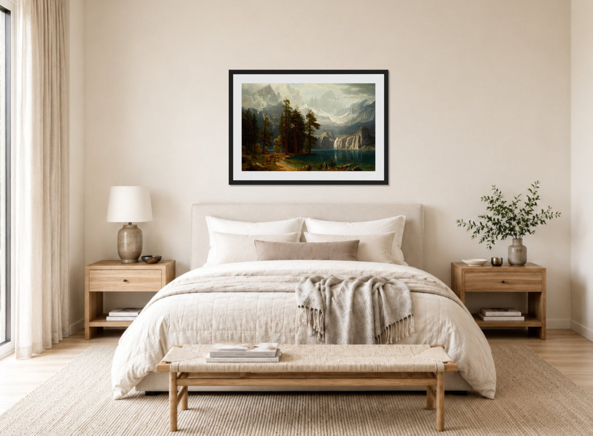 Albert Bierstadt Print, Sierra Nevada Albert Bierstadt circa 1871 displayed above a bed