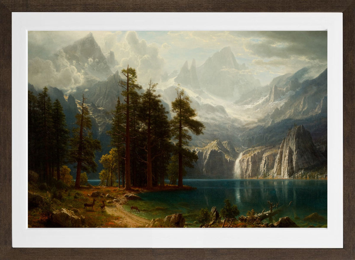 Albert Bierstadt Print, Sierra Nevada Albert Bierstadt circa 1871 in a brown frame