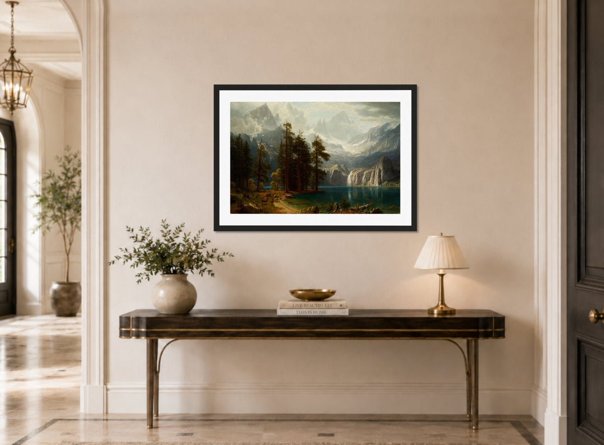 Albert Bierstadt Print, Sierra Nevada Albert Bierstadt circa 1871 displayed above a console table