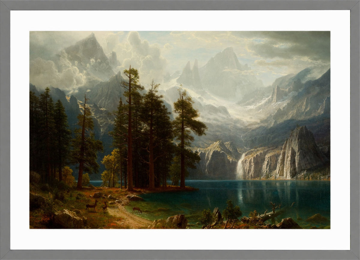 Albert Bierstadt Print, Sierra Nevada Albert Bierstadt circa 1871 in a light grey frame