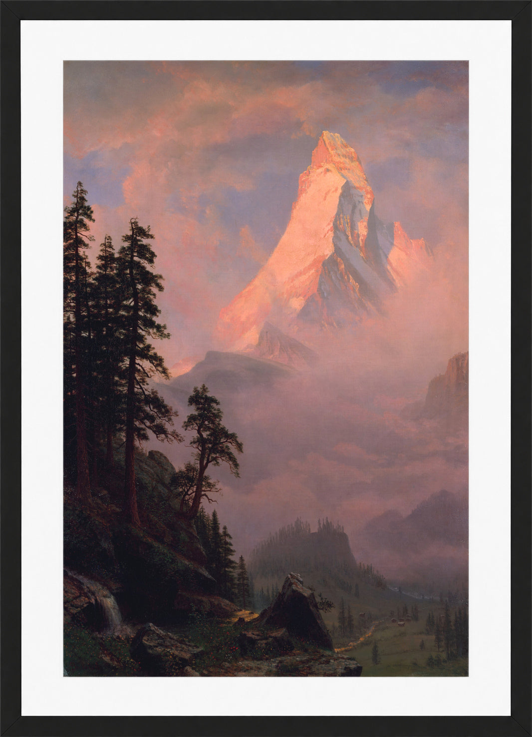 Albert Bierstadt Print, Sunrise on the Matterhorn in a black frame