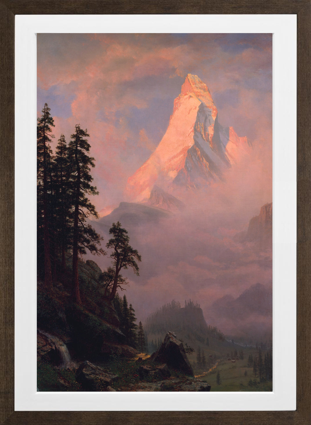 Albert Bierstadt Print, Sunrise on the Matterhorn in a brown frame