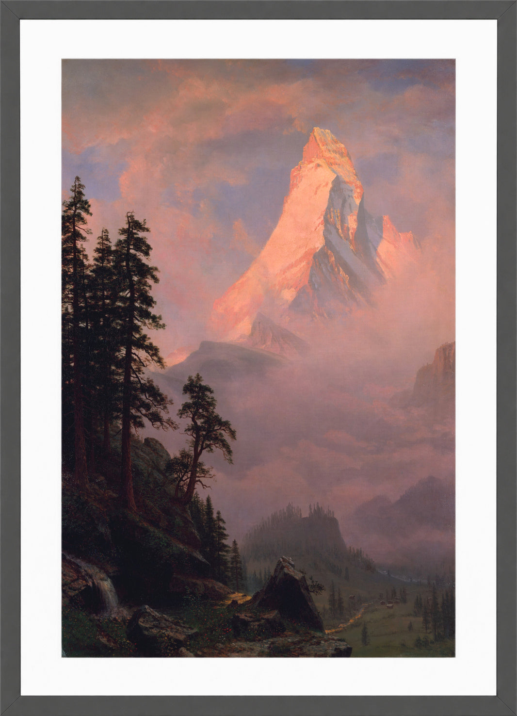 Albert Bierstadt Print, Sunrise on the Matterhorn in a dark grey frame