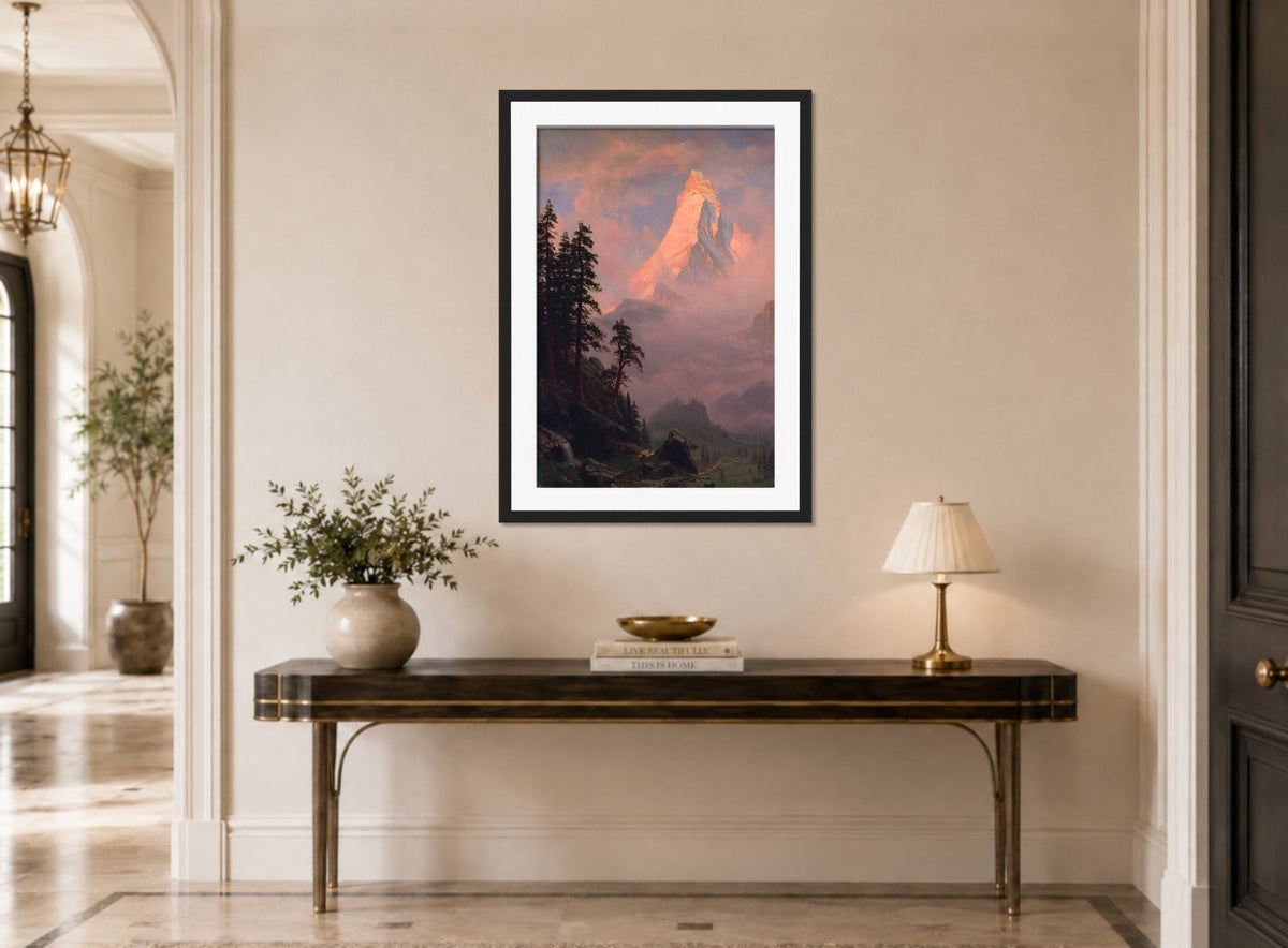 Albert Bierstadt Print, Sunrise on the Matterhorn displayed above a console table