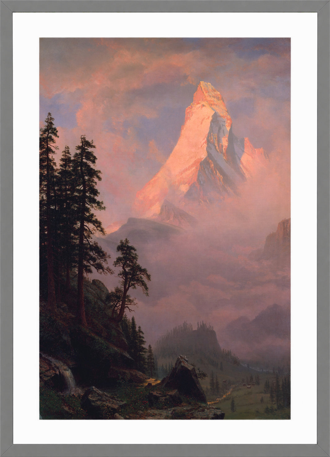 Albert Bierstadt Print, Sunrise on the Matterhorn in a light grey frame