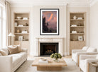 Albert Bierstadt Print, Sunrise on the Matterhorn displayed in a Scandinavian living room