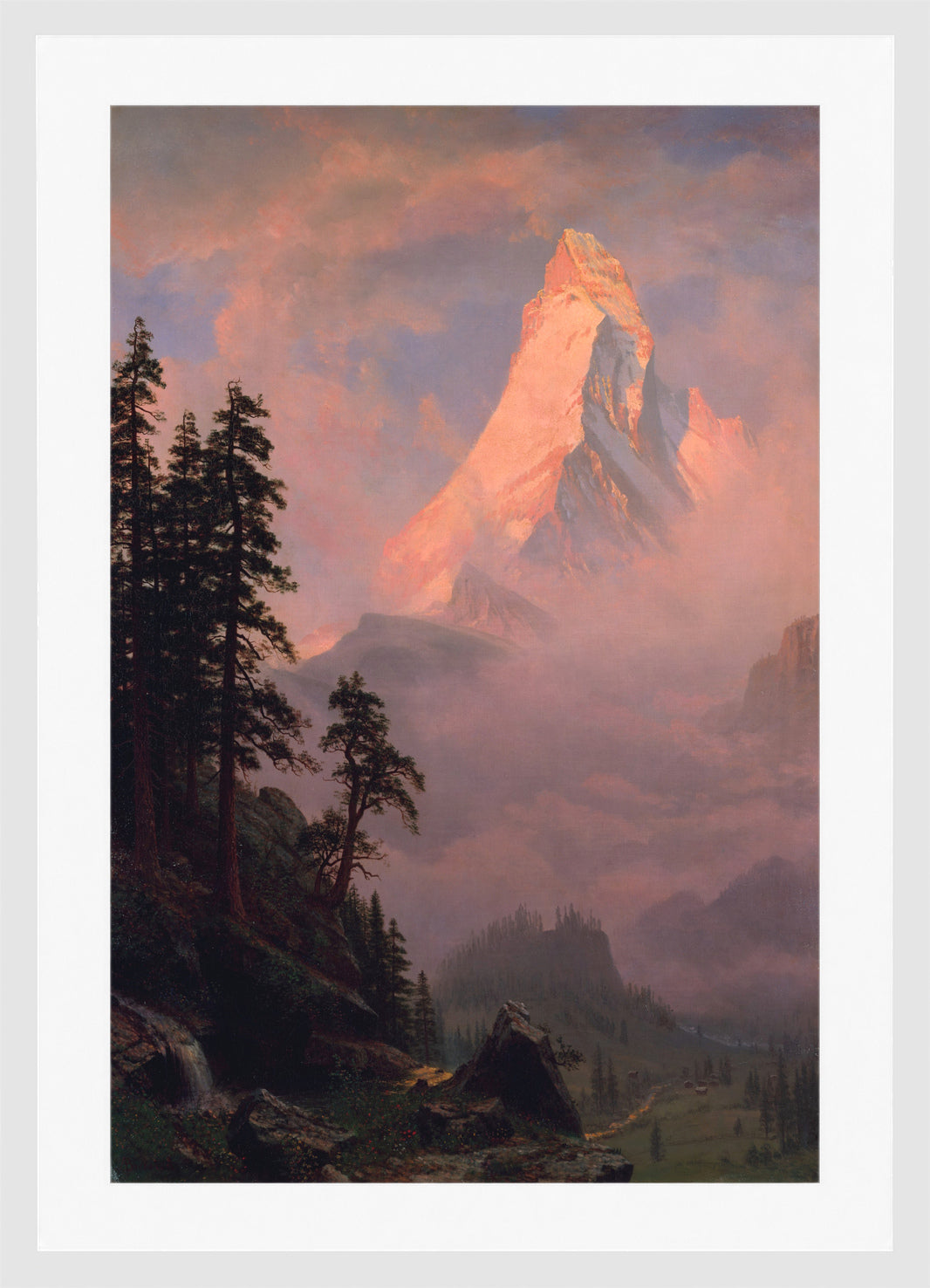 Albert Bierstadt Print, Sunrise on the Matterhorn in a white frame