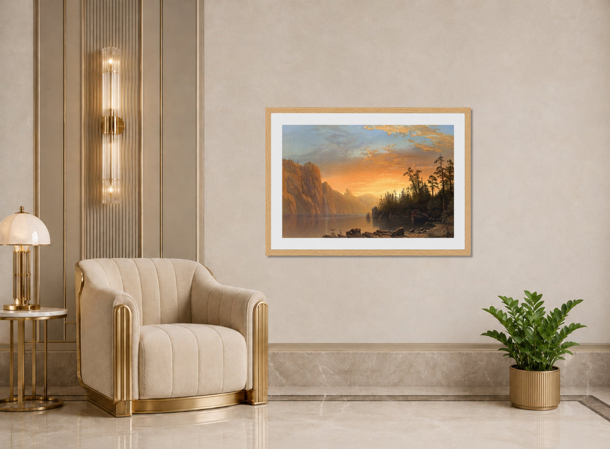 Albert Bierstadt Print, Sunset in California displayed in an Art Deco interior