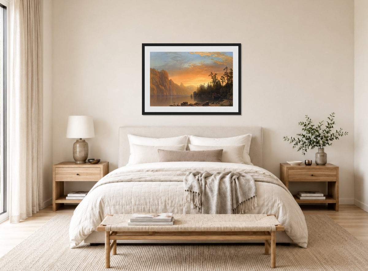 Albert Bierstadt Print, Sunset in California displayed above a bed