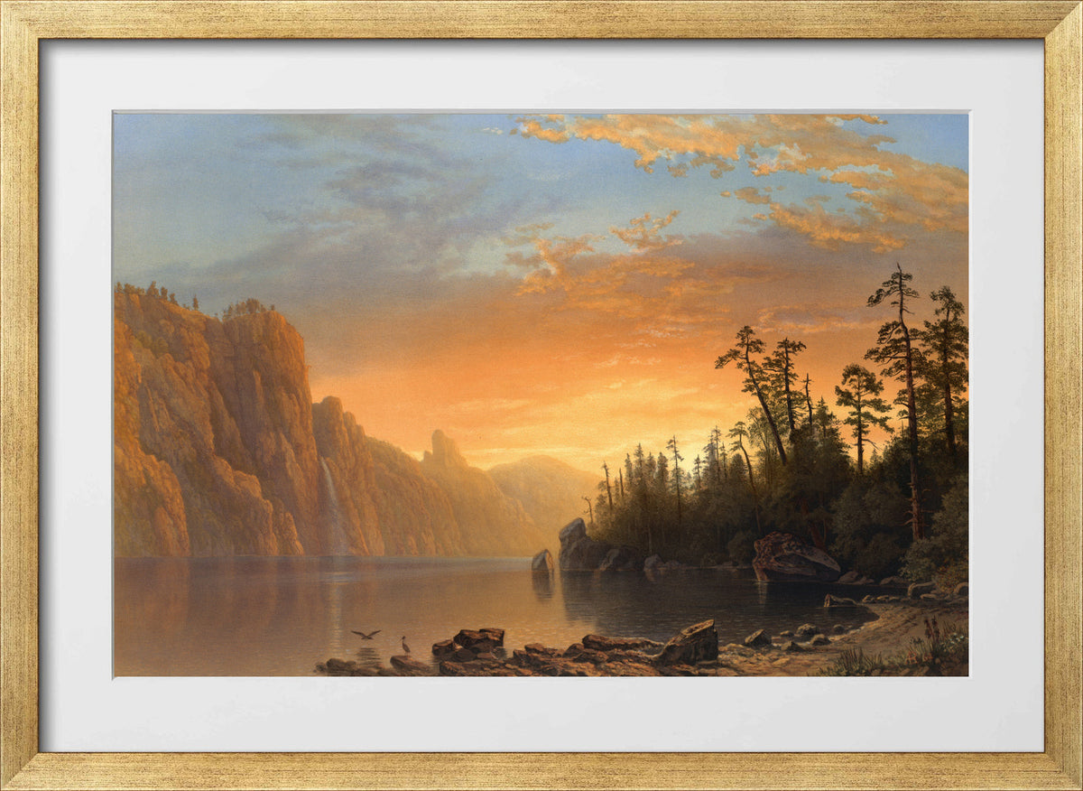 Albert Bierstadt Print, Sunset in California in a gold frame