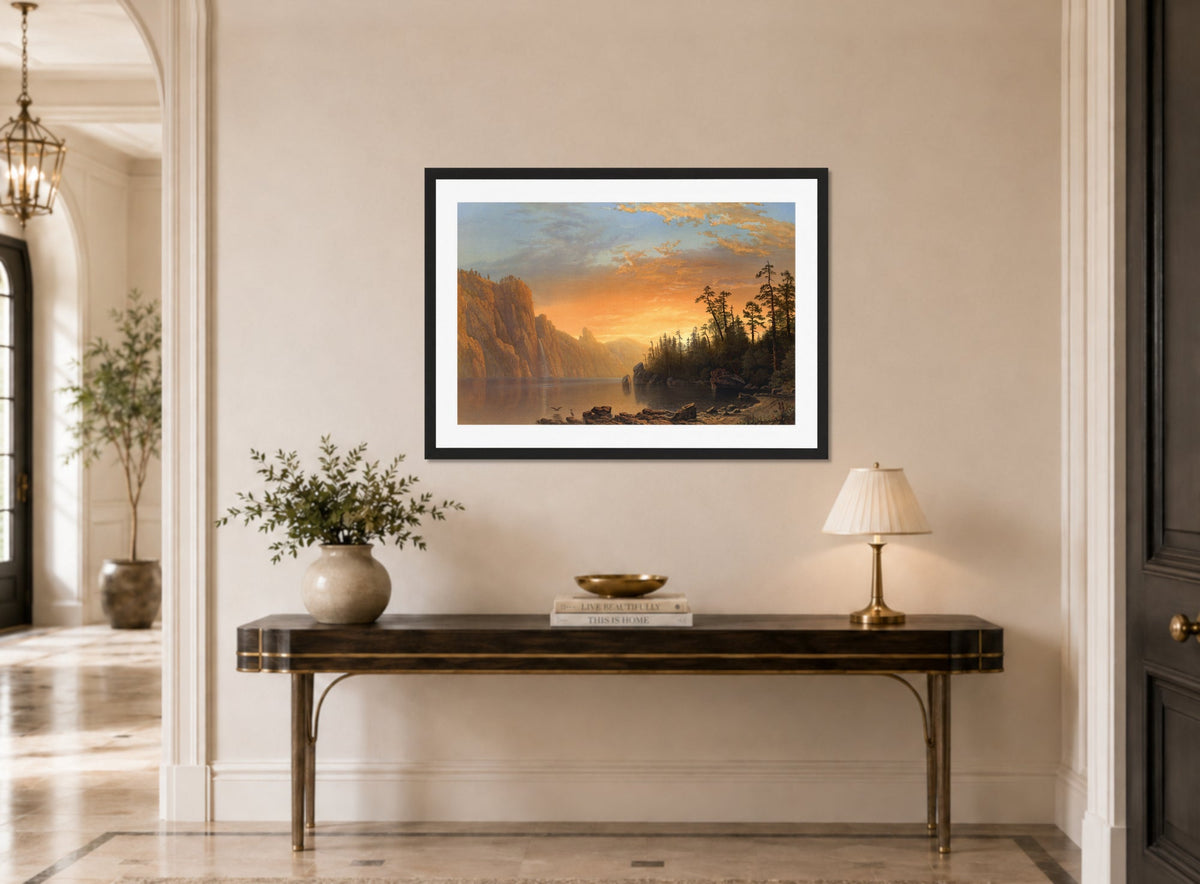 Albert Bierstadt Print, Sunset in California displayed above a console table