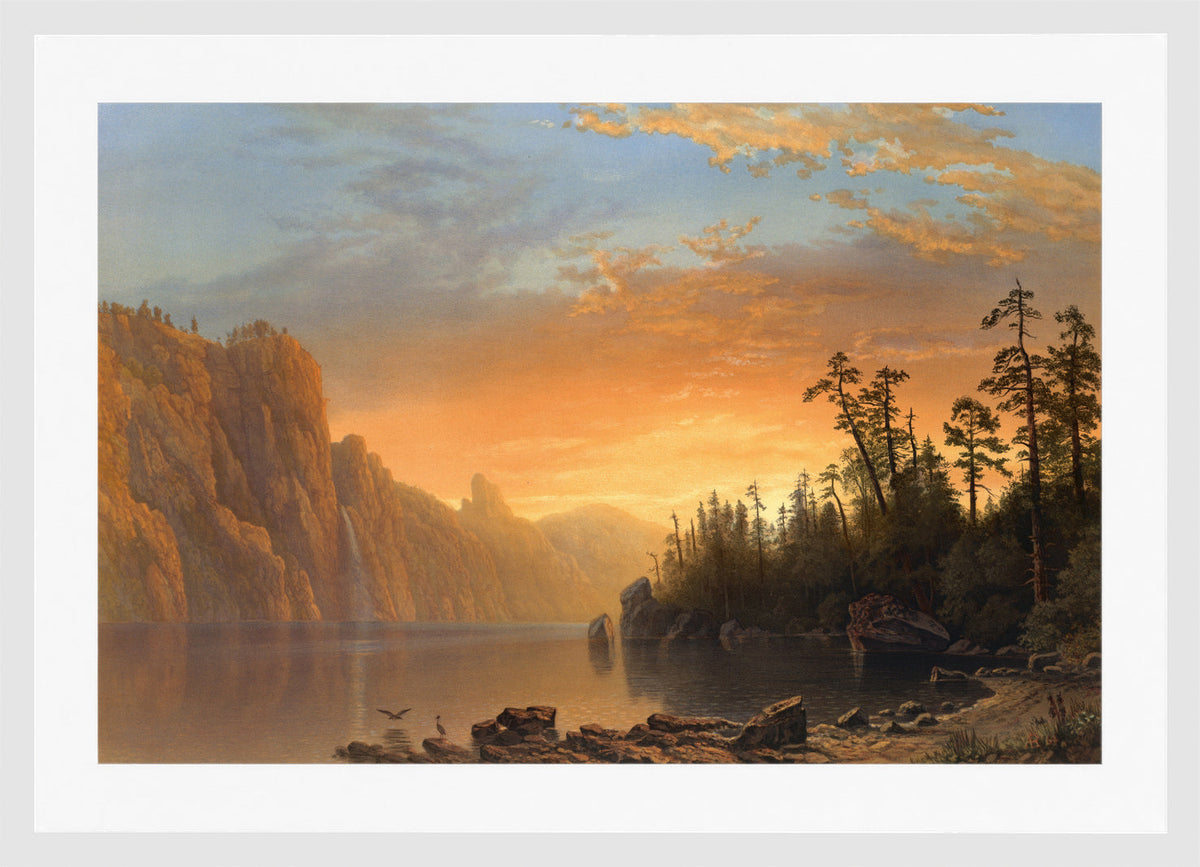 Albert Bierstadt Print, Sunset in California in a white frame