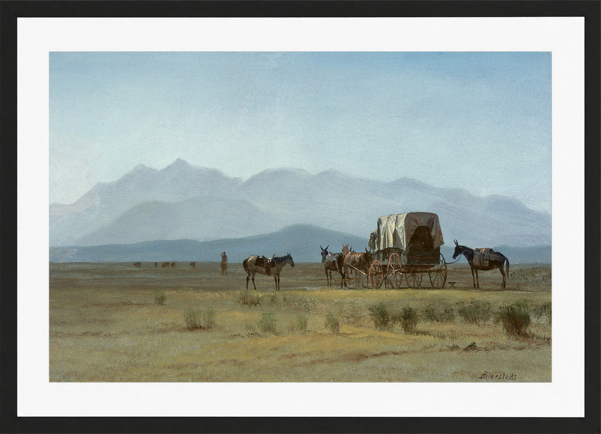 Albert Bierstadt Print, Surveyor’s Wagon in the Rockies in a black frame