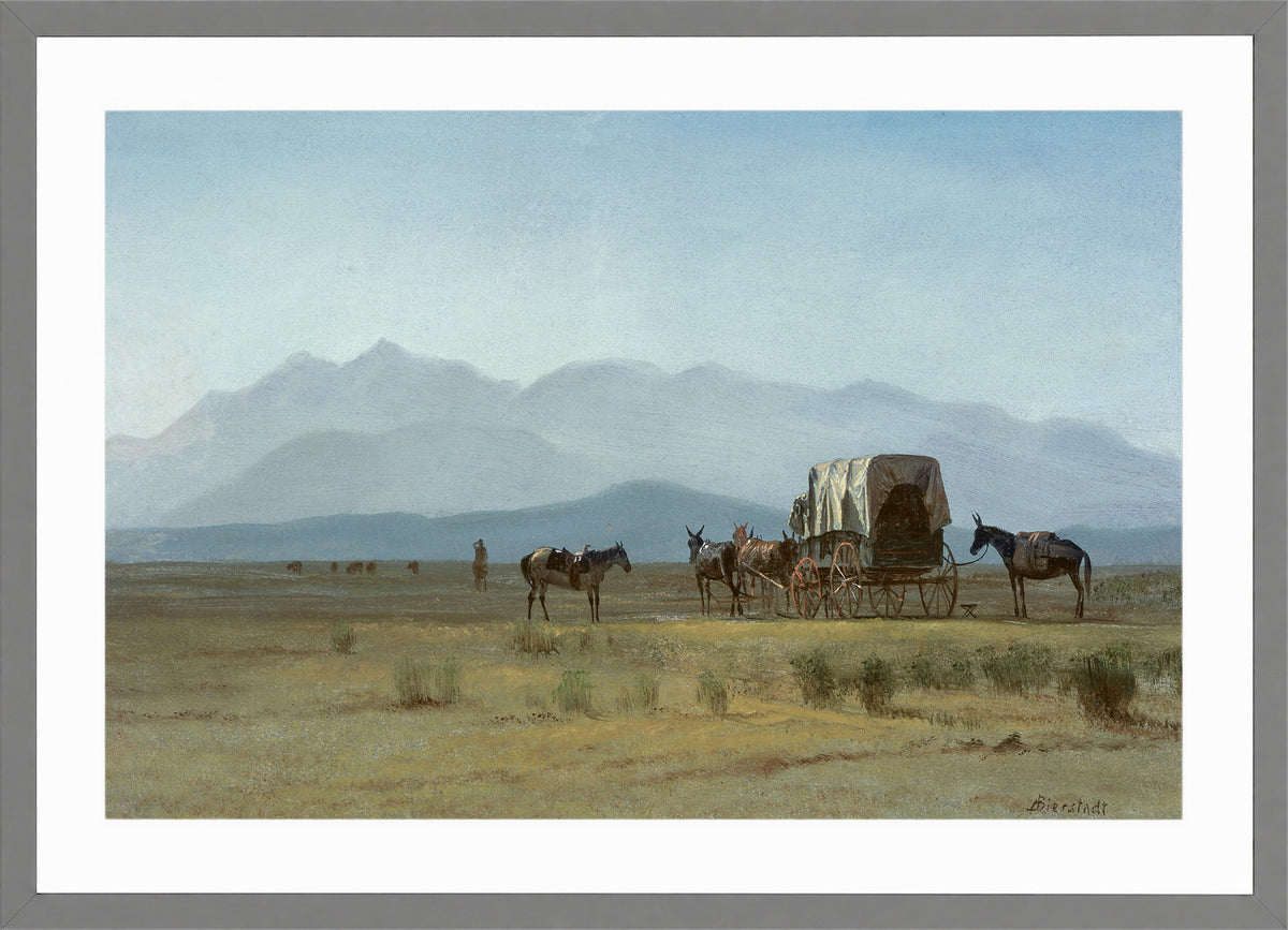 Albert Bierstadt Print, Surveyor’s Wagon in the Rockies in a light grey frame