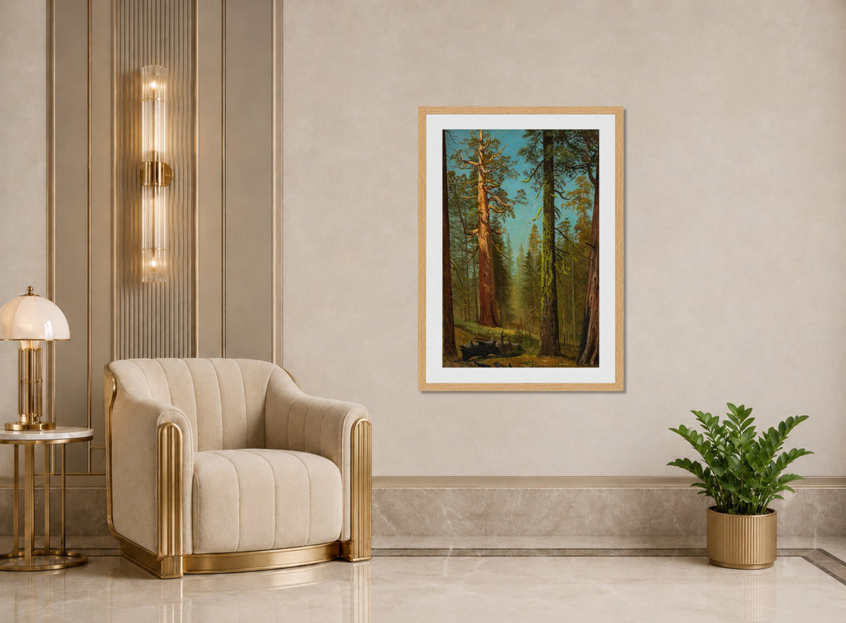 Albert Bierstadt Print, The Grizzly Giant Sequoia, Mariposa Grove, California displayed in an Art Deco interior