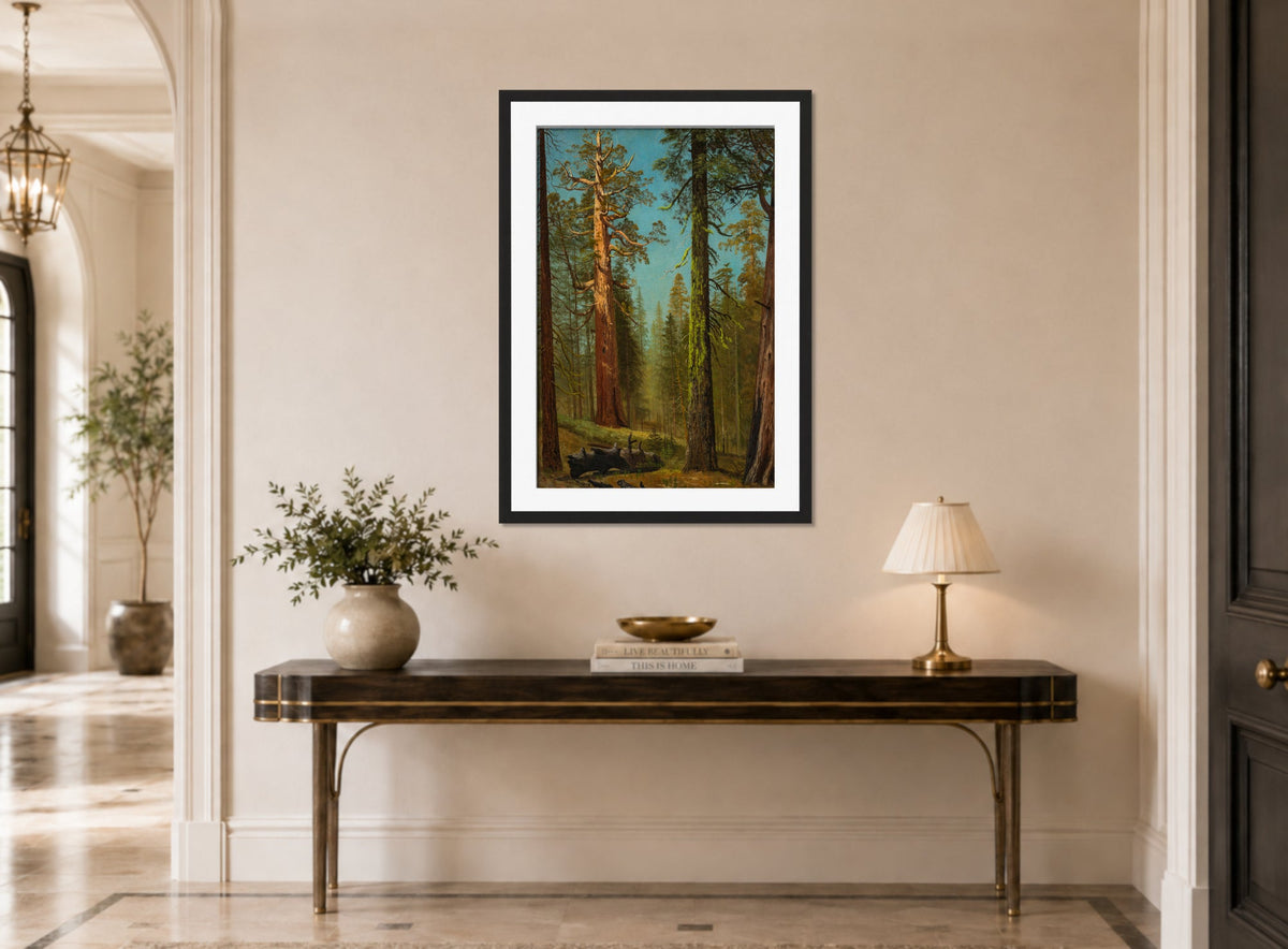 Albert Bierstadt Print, The Grizzly Giant Sequoia, Mariposa Grove, California displayed above a console table