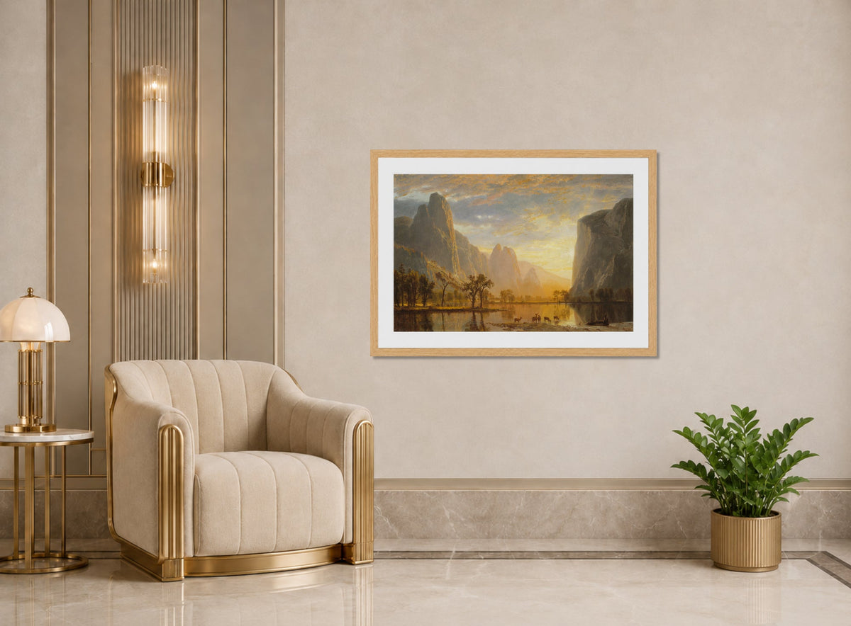 Albert Bierstadt Print, Valley of the Yosemite displayed in an Art Deco interior