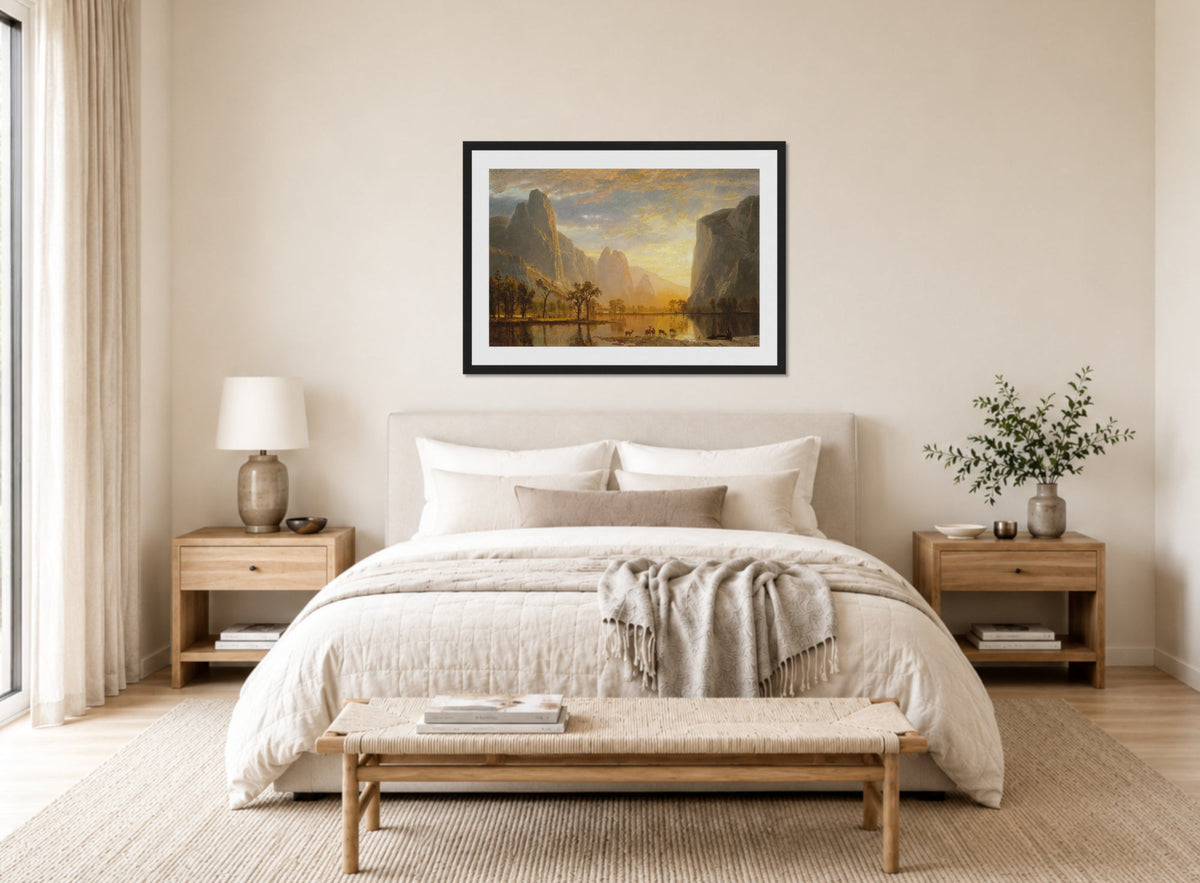 Albert Bierstadt Print, Valley of the Yosemite displayed above a bed