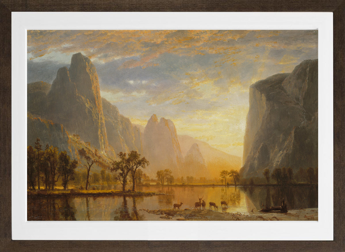 Albert Bierstadt Print, Valley of the Yosemite in a brown frame