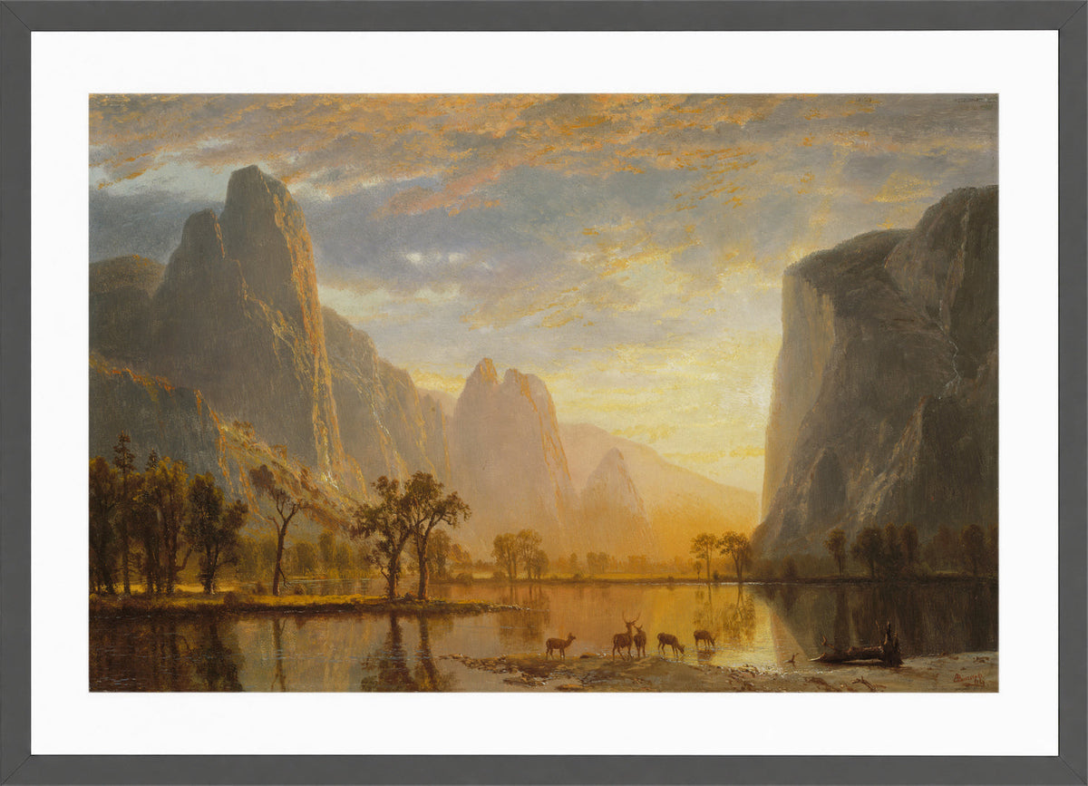 Albert Bierstadt Print, Valley of the Yosemite in a dark grey frame