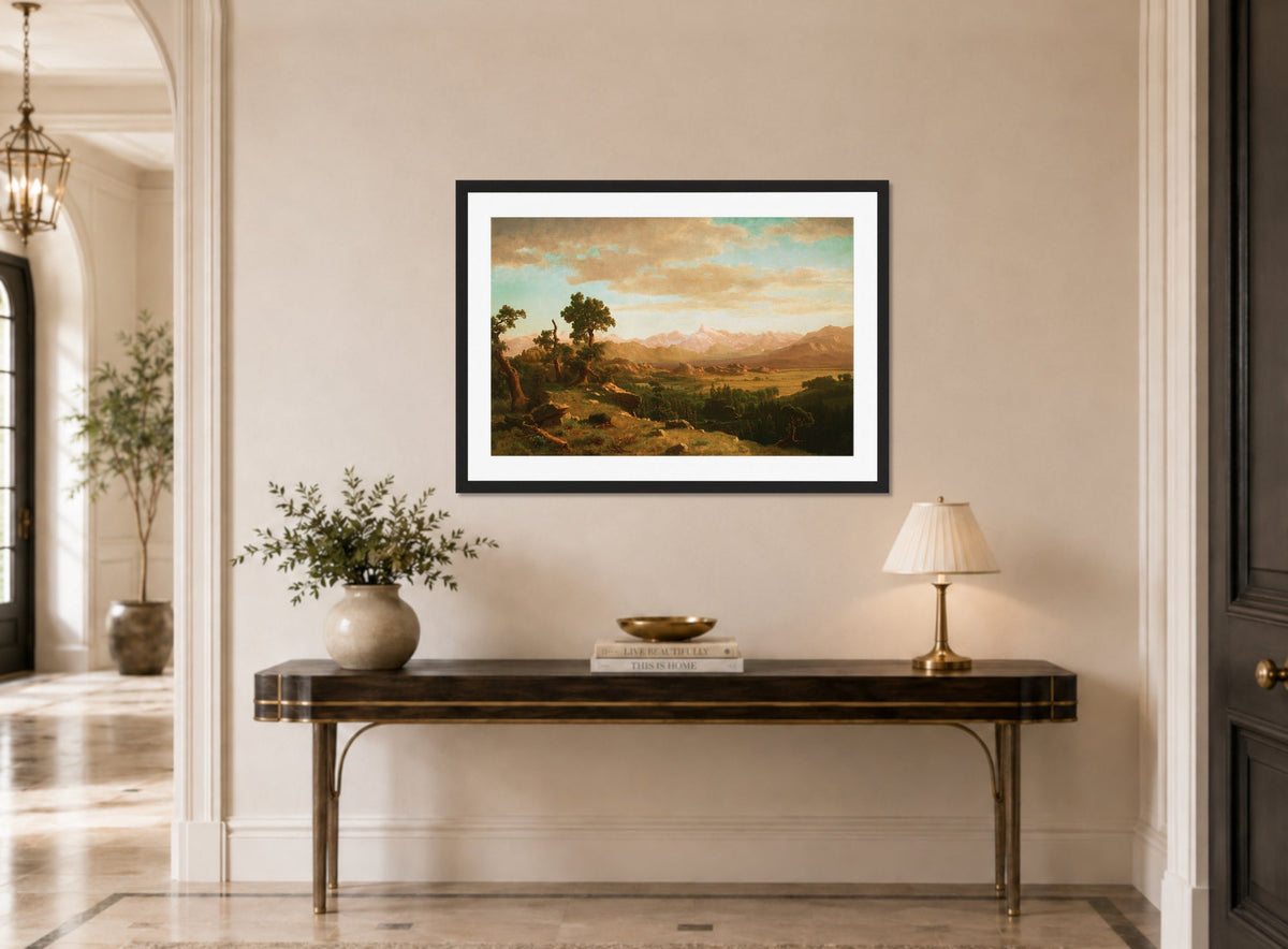 Albert Bierstadt Print, Wind River Country displayed above a console table