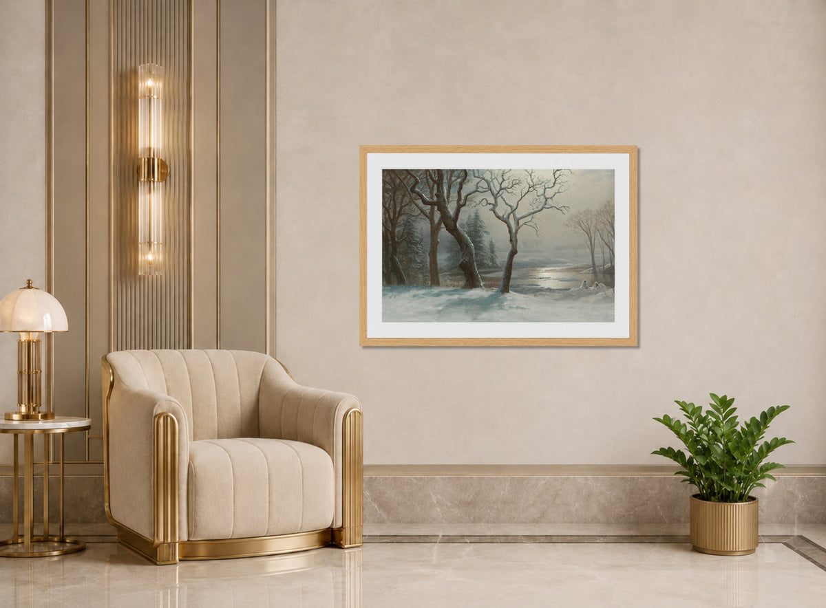 Albert Bierstadt Print, Winter In Yosemite displayed in an Art Deco interior