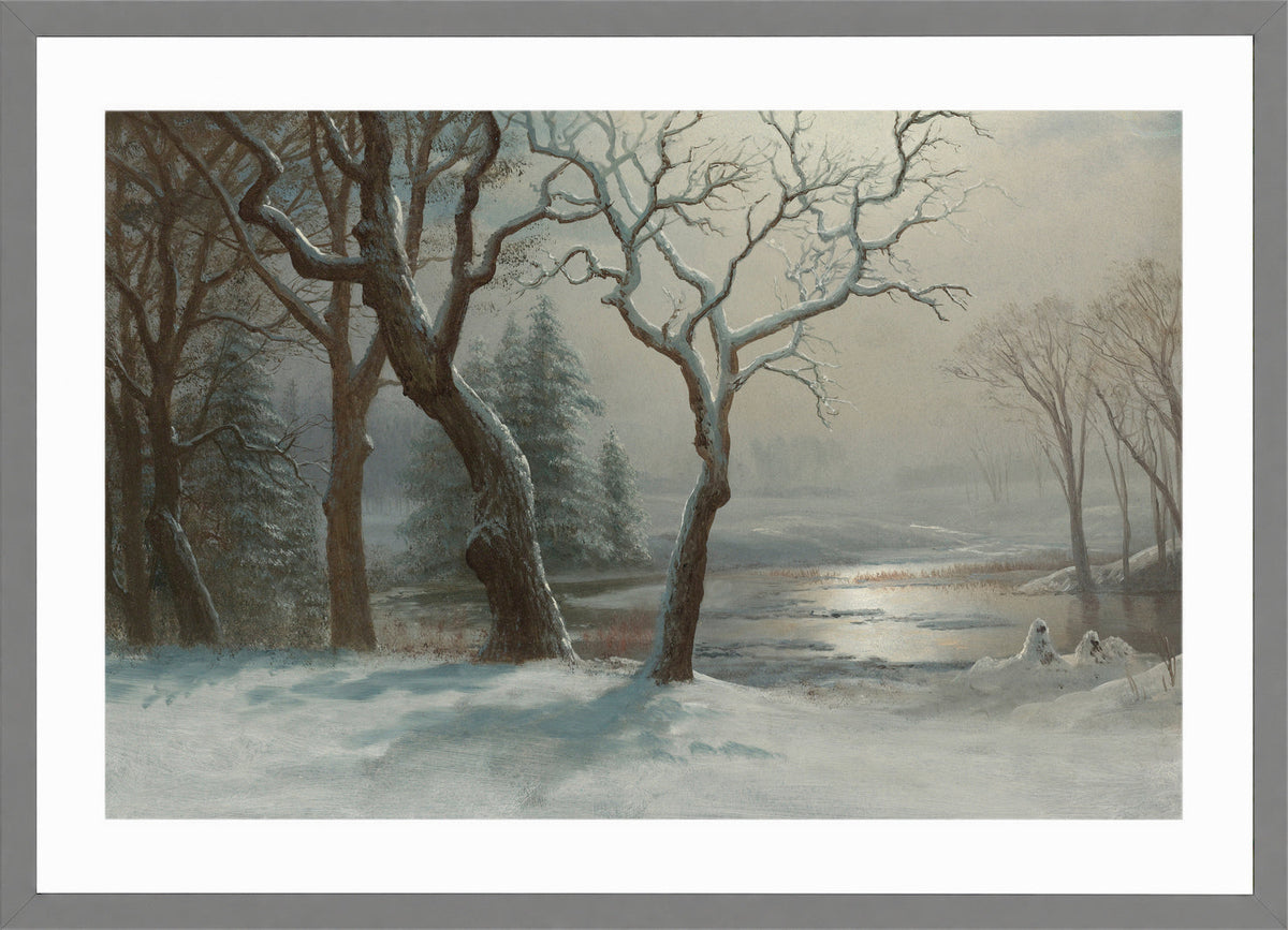 Albert Bierstadt Print, Winter In Yosemite in a light grey frame