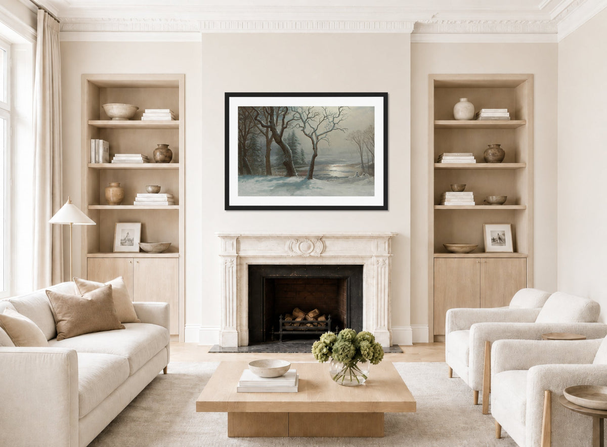 Albert Bierstadt Print, Winter In Yosemite displayed in a Scandinavian living room