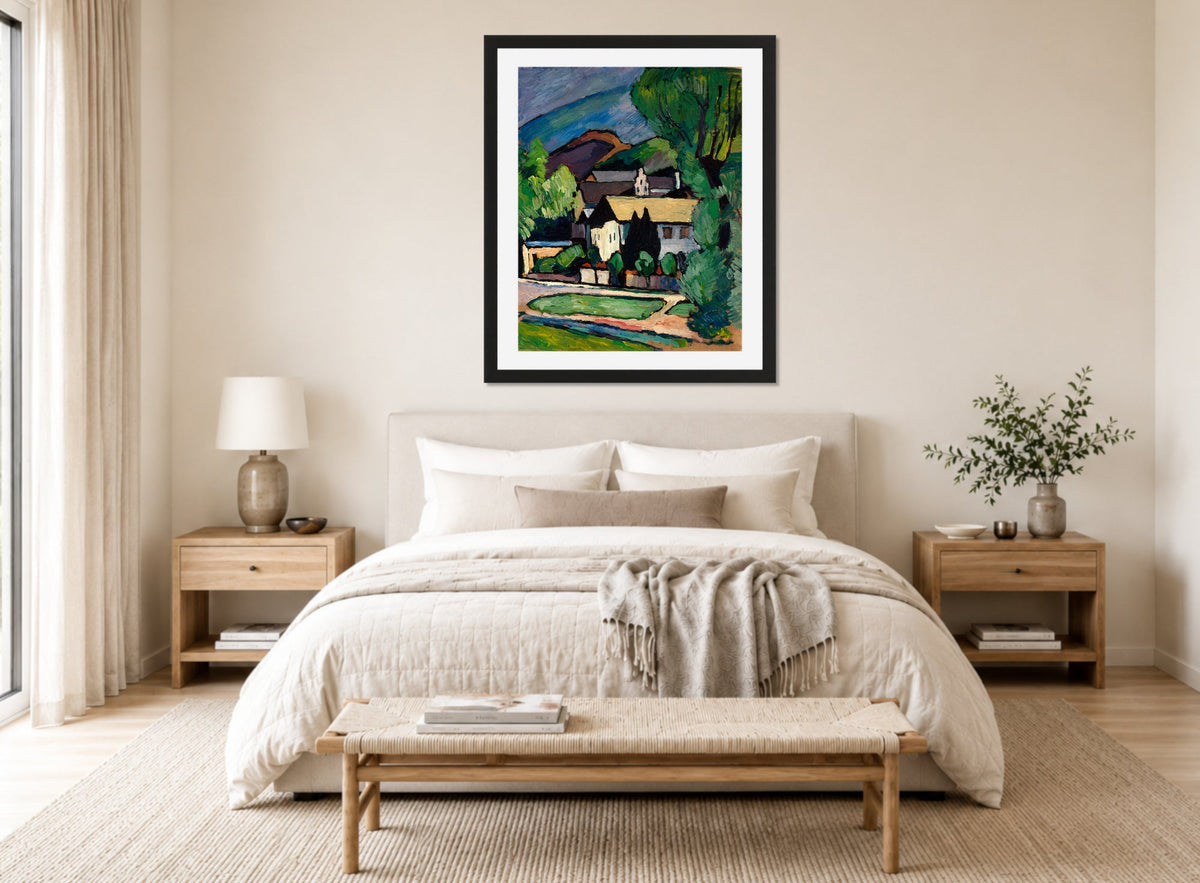 Bayerische Dorfhäuser unter Bäumen (c. 1911) by Alexander Kanoldt — bedroom