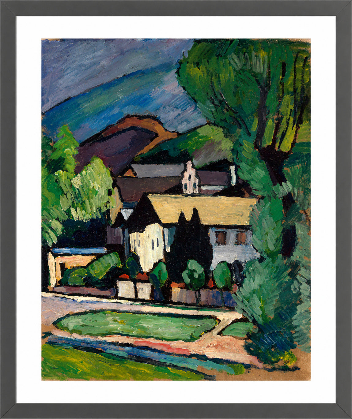 Bayerische Dorfhäuser unter Bäumen (c. 1911) by Alexander Kanoldt — dark grey frame