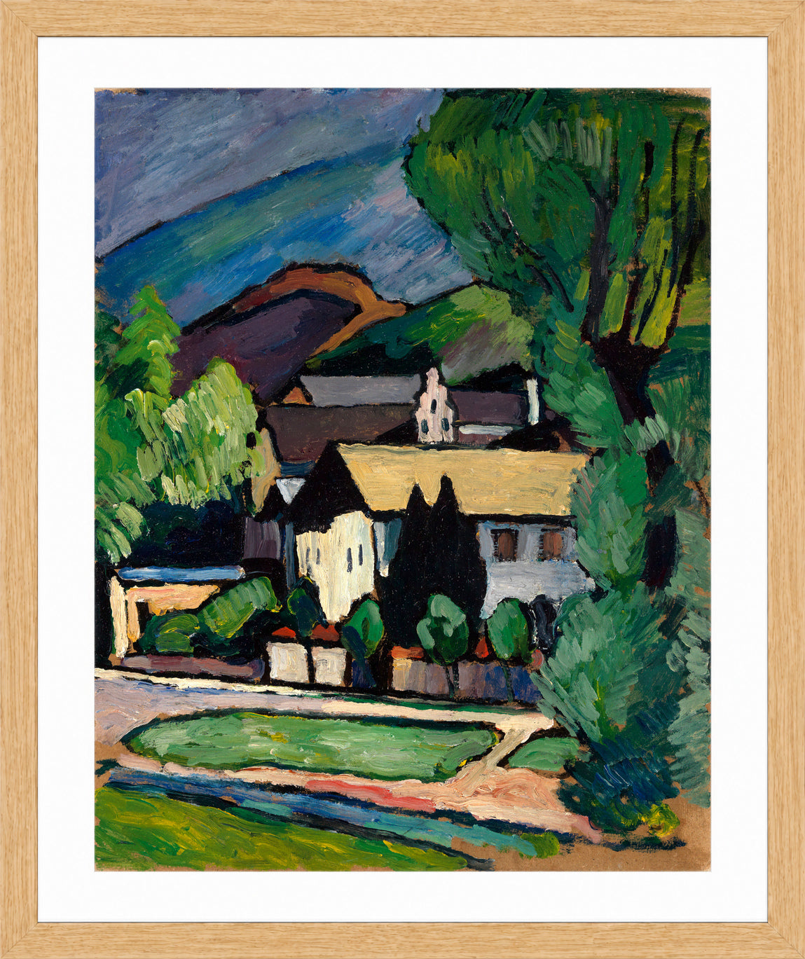Bayerische Dorfhäuser unter Bäumen (c. 1911) by Alexander Kanoldt — oak frame