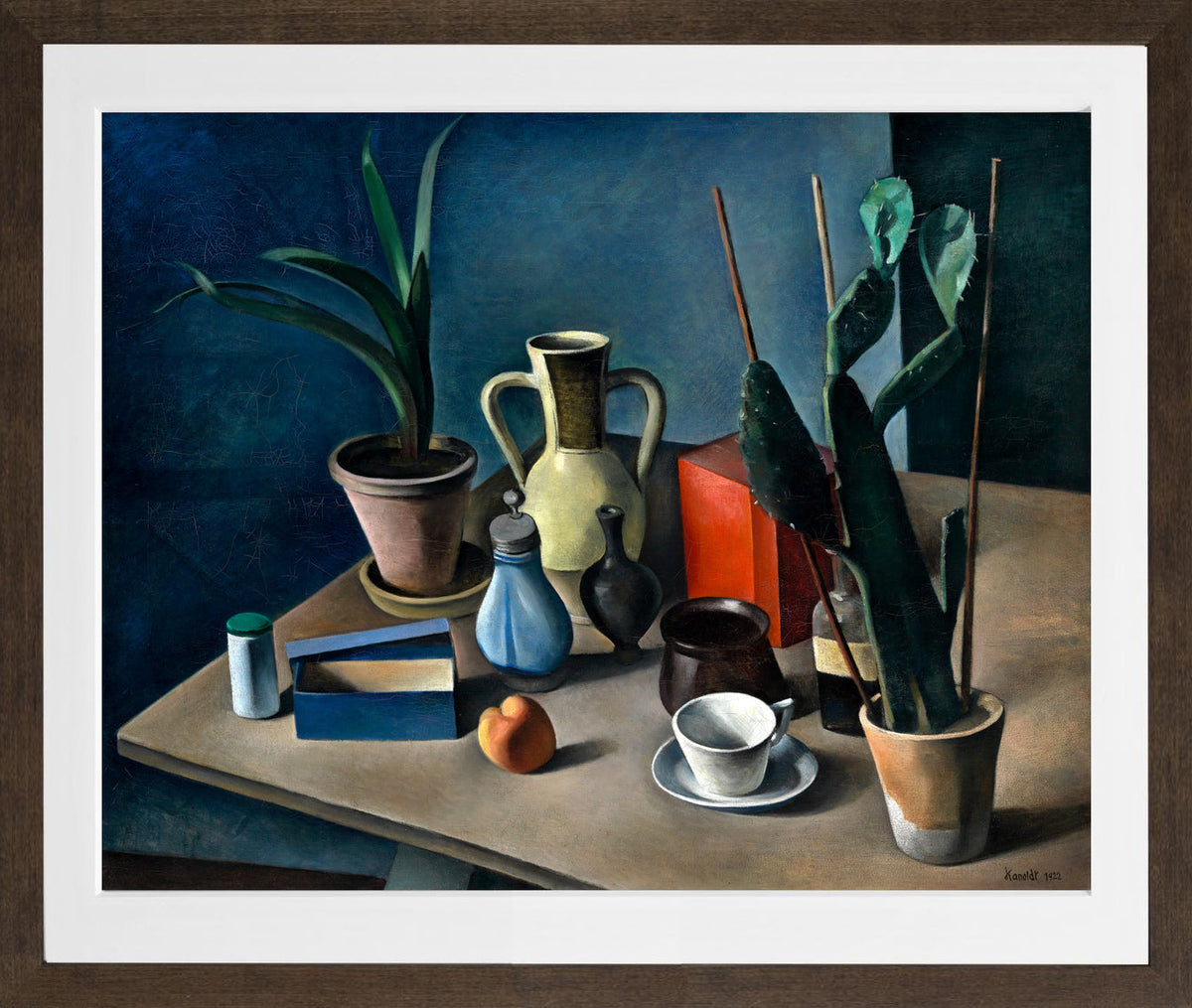 Grosses Stilleben mit Krügen und roter Teedose (1922) by Alexander Kanoldt — brown frame