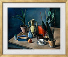 Grosses Stilleben mit Krügen und roter Teedose (1922) by Alexander Kanoldt — gold frame