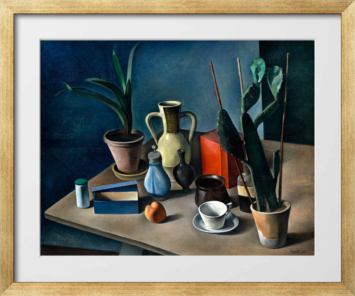Grosses Stilleben mit Krügen und roter Teedose (1922) by Alexander Kanoldt — gold frame