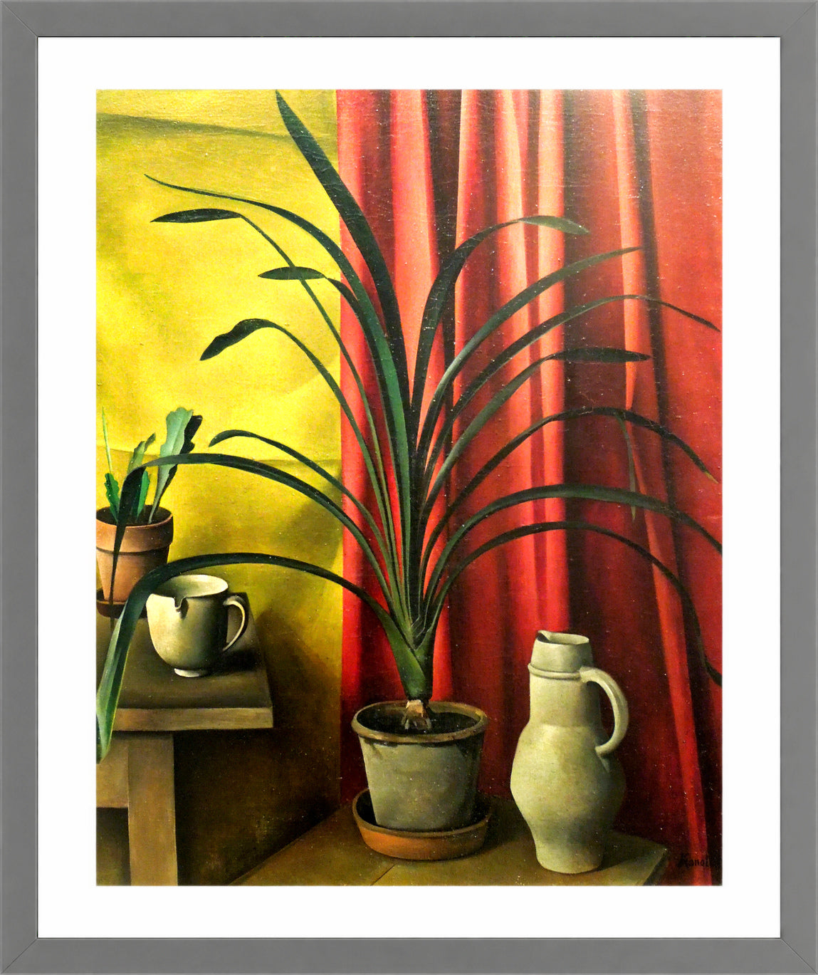 Still Life (1926) — Plant against Red Curtains by Alexander Kanoldt — light grey frame