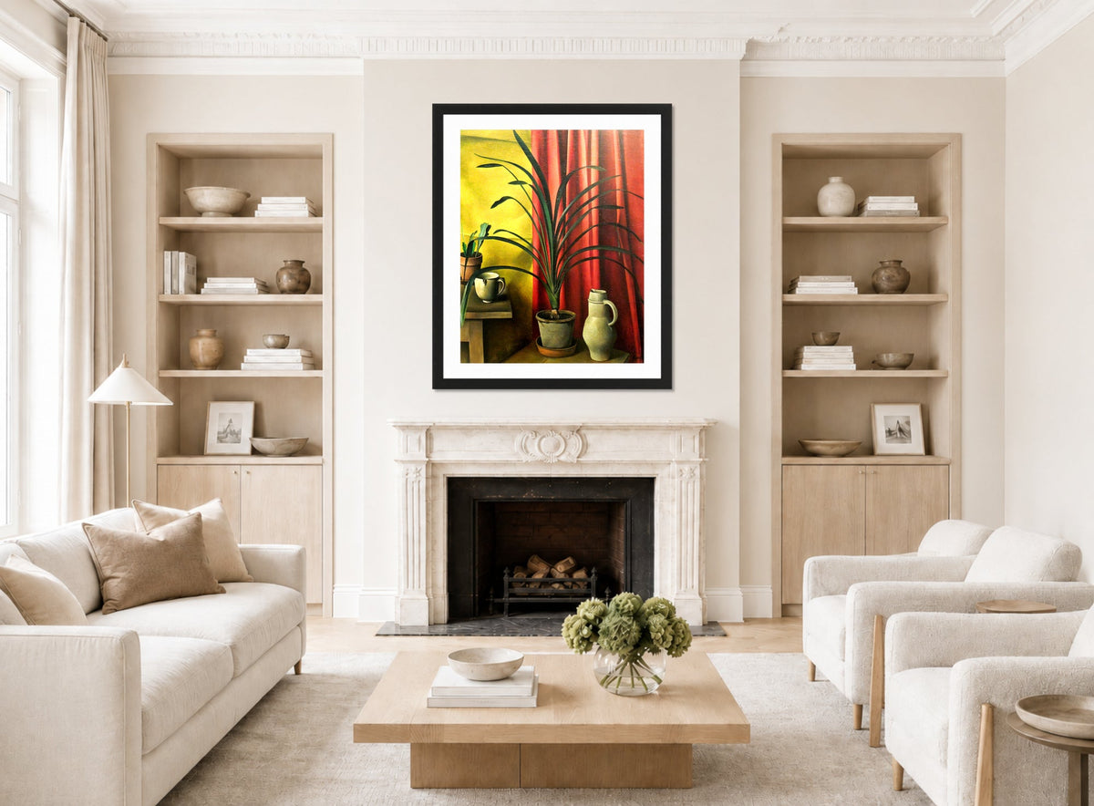 Still Life (1926) — Plant against Red Curtains by Alexander Kanoldt — living room roomset
